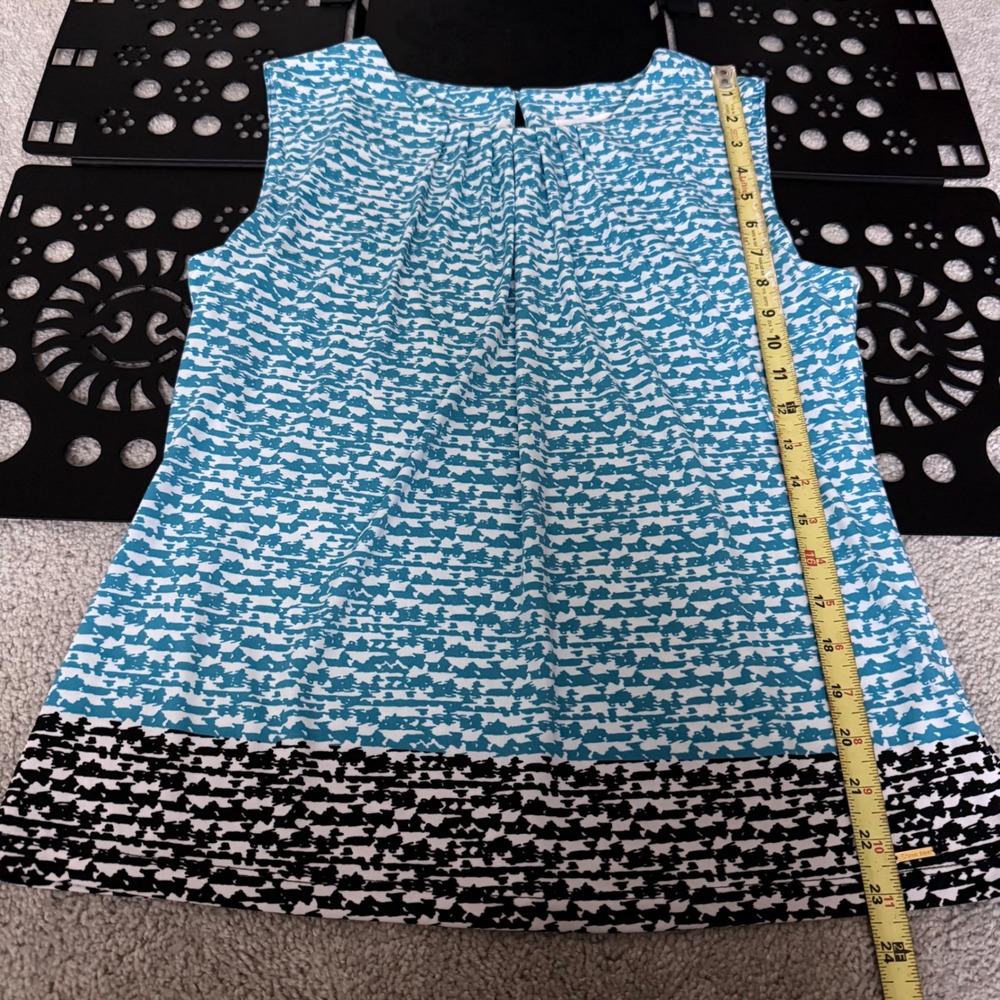 Calvin Klein Womens Teal White Abstract Print Pleated Neck Sleeveless Blouse L - Picture 7 of 10